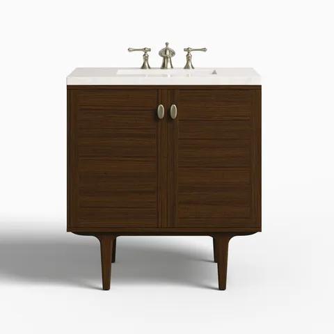 Demi 30" Single Vanity in Mid-Century Walnut with 3 cm Eternal Jasmine Pearl Quartz Top