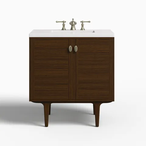 Demi 30" Single Vanity in Mid-Century Walnut with 3 cm White Zeus Quartz Top