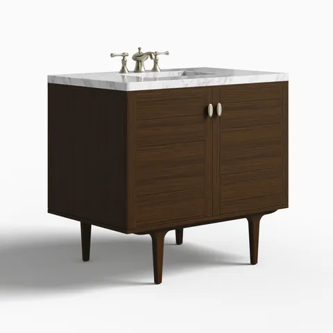Demi 36" Single Vanity in Mid-Century Walnut with 3 cm Carrara Marble Top