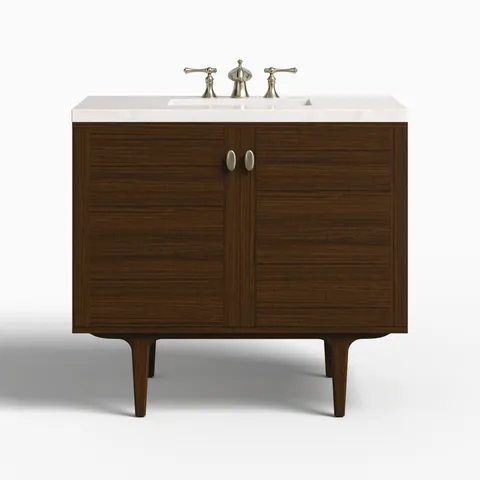 Demi 36" Single Vanity in Mid-Century Walnut with 3 cm Eternal Jasmine Pearl Quartz Top