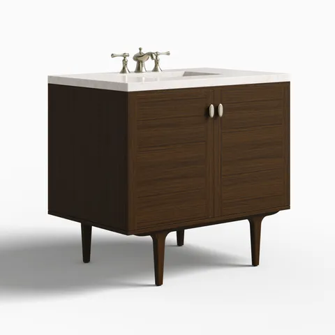 Demi 36" Single Vanity in Mid-Century Walnut with 3 cm Eternal Jasmine Pearl Quartz Top