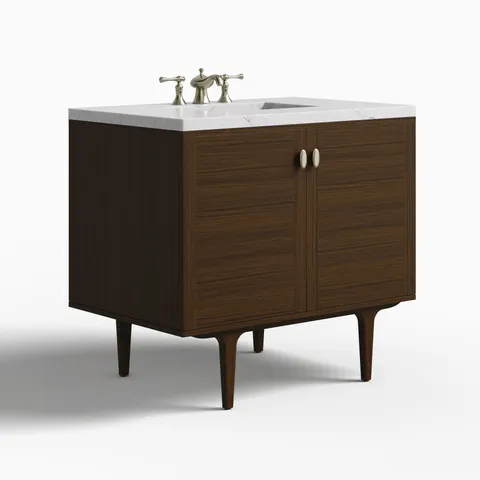 Demi 36" Single Vanity in Mid-Century Walnut with 3 cm Ethereal Noctis Quartz Top