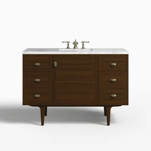 Demi 48" Single Vanity in Mid-Century Walnut with 3 cm Carrara Marble Top