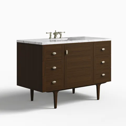 Demi 48" Single Vanity in Mid-Century Walnut with 3 cm Carrara Marble Top