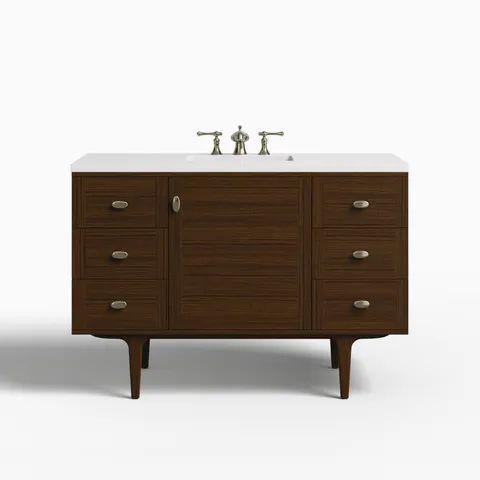 Demi 48" Single Vanity in Mid-Century Walnut with 3 cm White Zeus Quartz Top