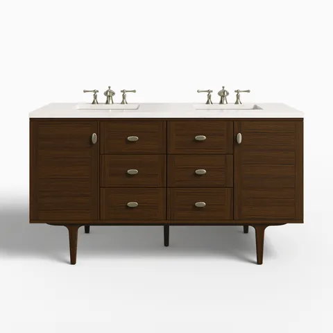 Demi 60" Double Vanity in Mid-Century Walnut with 3 cm Eternal Jasmine Pearl Quartz Top