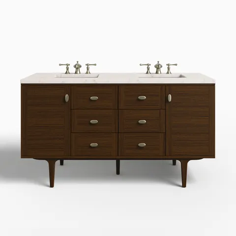 Demi 60" Double Vanity in Mid-Century Walnut with 3 cm Victorian Silver Quartz Top