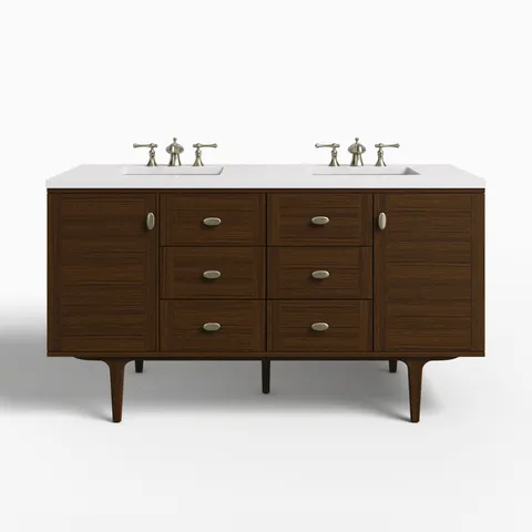Demi 60" Double Vanity in Mid-Century Walnut with 3 cm White Zeus Quartz Top