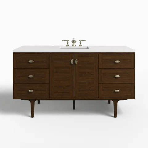 Demi 60" Single Vanity in Mid-Century Walnut with 3 cm White Zeus Quartz Top