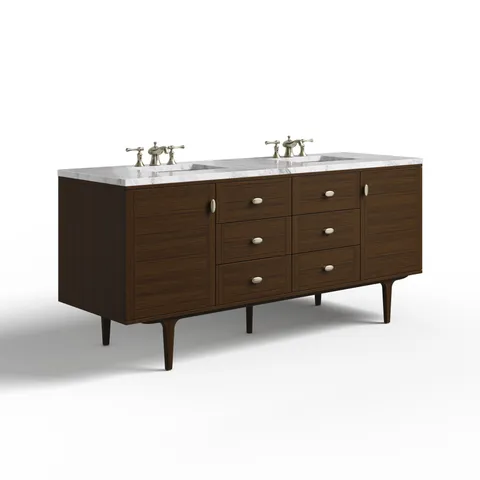 Demi 72" Double Vanity in Mid-Century Walnut with 3 cm Carrara Marble Top