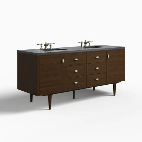 Demi 72" Double Vanity in Mid-Century Walnut with 3 cm Charcoal Soapstone Quartz Top