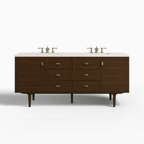 Demi 72" Double Vanity in Mid-Century Walnut with 3 cm Victorian Silver Quartz Top