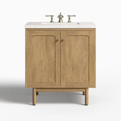 Abigail 30" Single Vanity in Light Natural Oak with 3 cm Eternal Jasmine Pearl Quartz Top