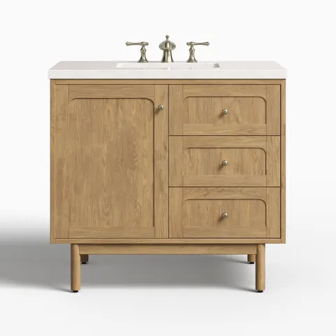 Abigail 36" Single Vanity in Light Natural Oak with 3 cm Eternal Jasmine Pearl Quartz Top