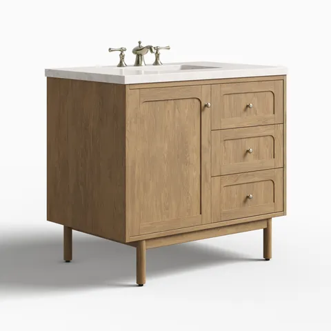 Abigail 36" Single Vanity in Light Natural Oak with 3 cm Eternal Jasmine Pearl Quartz Top