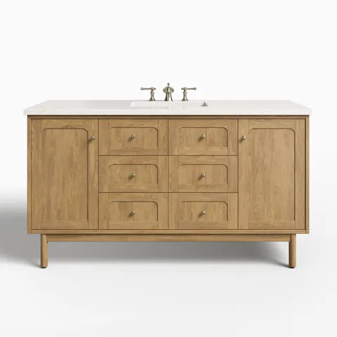 Abigail 60" Single Vanity in Light Natural Oak with 3 cm Eternal Jasmine Pearl Quartz Top
