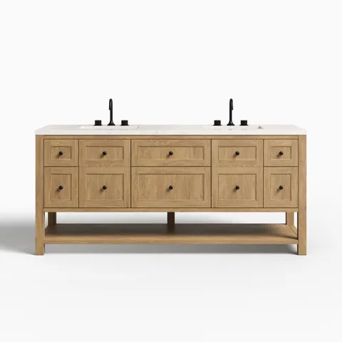 Bridgette 72" Double Vanity in Light Natural Oak with 3 cm Eternal Jasmine Pearl Quartz Top