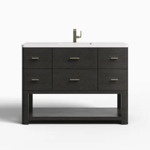 Paxton 48" Single Vanity in Carbon Oak with 3 cm White Zeus Quartz Top