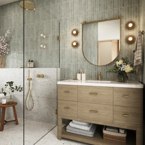 Paxton 48" Single Vanity in Pebble Oak with 3 cm White Zeus Quartz Top