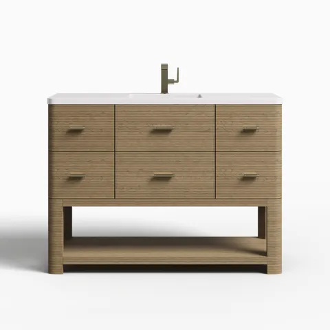 Paxton 48" Single Vanity in Pebble Oak with 3 cm White Zeus Quartz Top