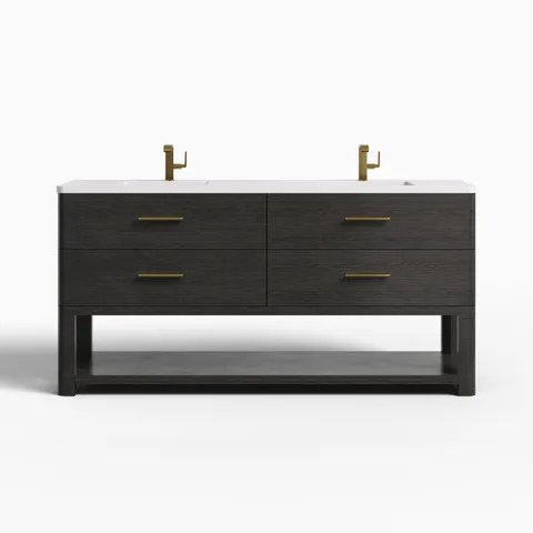 Paxton 72" Double Vanity in Carbon Oak with 3 cm White Zeus Quartz Top