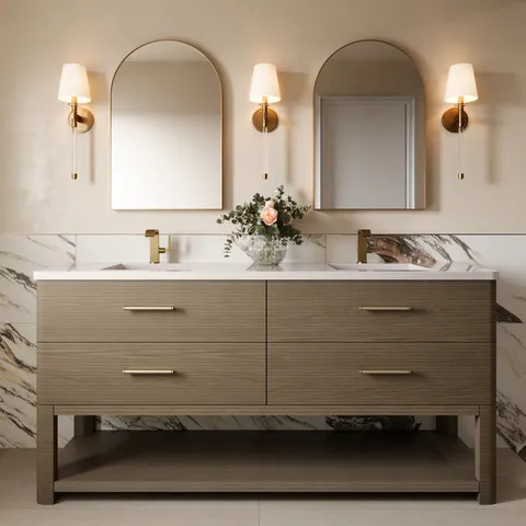 Paxton 72" Double Vanity in Pebble Oak with 3 cm White Zeus Quartz Top