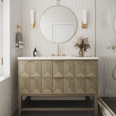 Gwen 48" Single Vanity in Pebble Oak with 3 cm White Zeus Quartz Top
