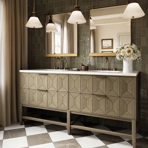 Gwen 72" Double Vanity in Pebble Oak with 3 cm White Zeus Quartz Top
