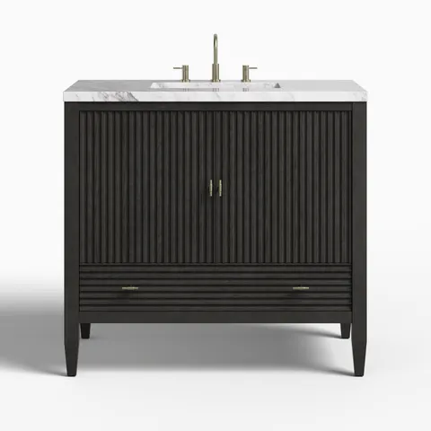 Sasha 36" Single Vanity in Carbon Oak with 3 cm Carrara White Marble Top