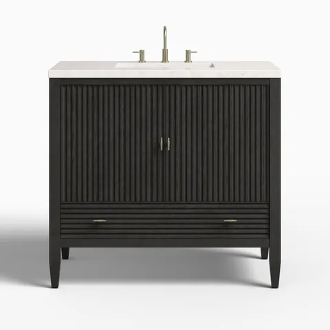 Sasha 36" Single Vanity in Carbon Oak with 3 cm Eternal Jasmine Pearl Quartz Top