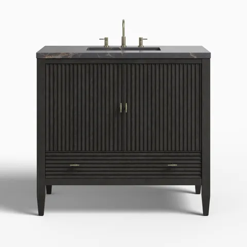 Sasha 36" Single Vanity in Carbon Oak with 3 cm Parisien Bleu Quartz Top