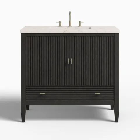Sasha 36" Single Vanity in Carbon Oak with 3 cm Victorian Silver Quartz Top