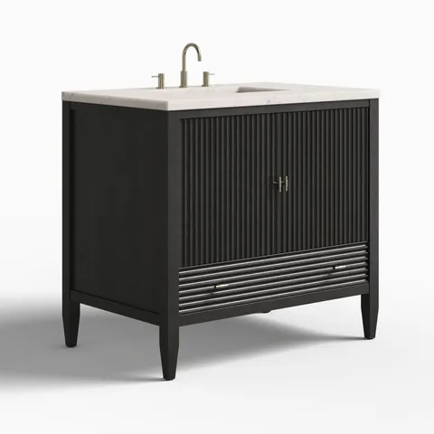 Sasha 36" Single Vanity in Carbon Oak with 3 cm Victorian Silver Quartz Top