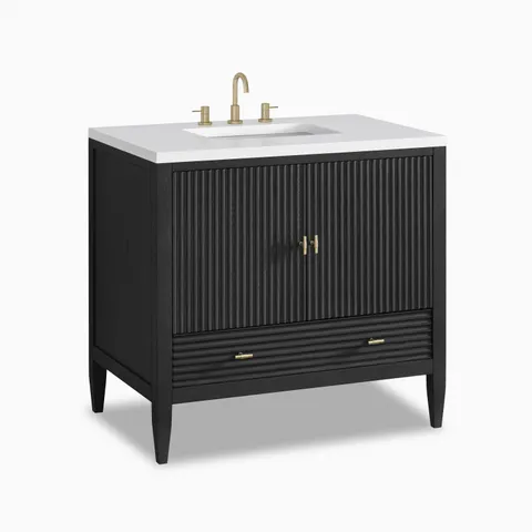 Sasha 36" Single Vanity in Carbon Oak with 3 cm White Zeus Quartz Top
