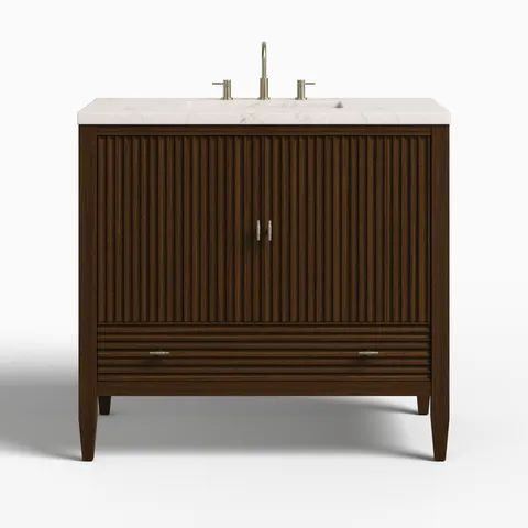Sasha 36" Single Vanity in Mid Century Walnut with 3 cm Victorian Silver Quartz Top