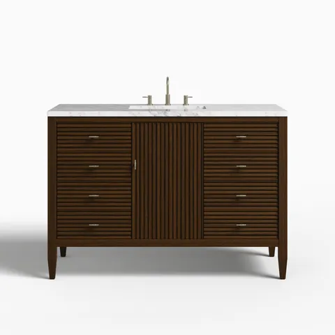 Sasha 48" Single Vanity in Mid Century Walnut with 3 cm Carrara White Marble Top