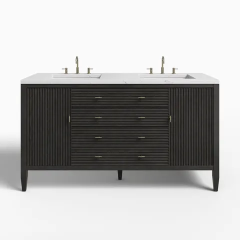 Sasha 60" Double Vanity in Carbon Oak with 3 cm Ethereal Noctis Quartz Top