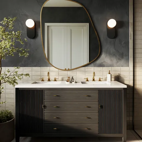 Sasha 60" Double Vanity in Carbon Oak with 3 cm White Zeus Quartz Top