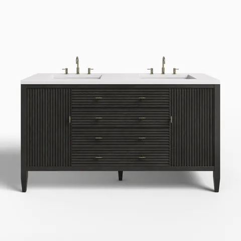 Sasha 60" Double Vanity in Carbon Oak with 3 cm White Zeus Quartz Top