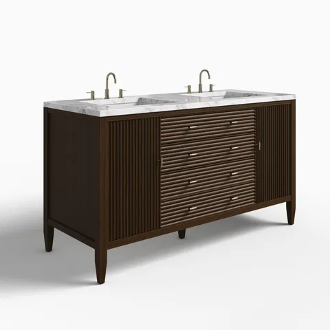 Sasha 60" Double Vanity in Mid Century Walnut with 3 cm Carrara White Marble Top