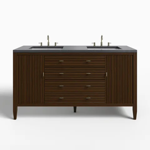 Sasha 60" Double Vanity in Mid Century Walnut with 3 cm Charcoal Soapstone Quartz Top