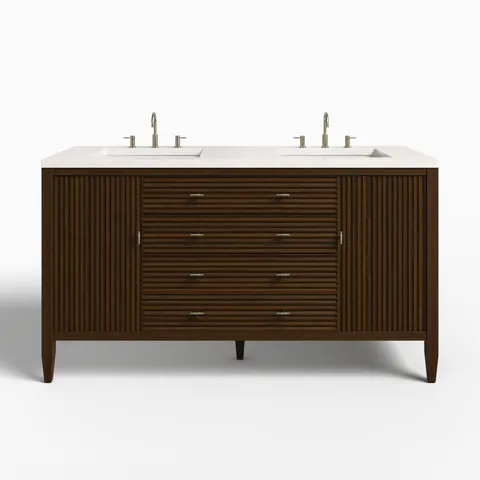 Sasha 60" Double Vanity in Mid Century Walnut with 3 cm Eternal Jasmine Pearl Quartz Top