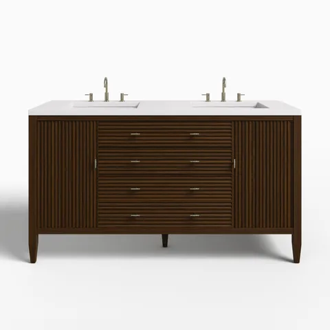 Sasha 60" Double Vanity in Mid Century Walnut with 3 cm White Zeus Quartz Top