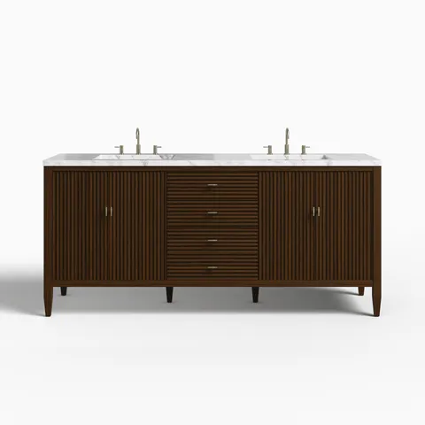 Sasha 72" Double Vanity in Mid Century Walnut with 3 cm Carrara White Marble Top