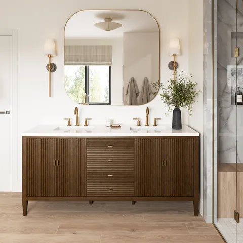 Sasha 72" Double Vanity in Mid Century Walnut with 3 cm White Zeus Quartz Top