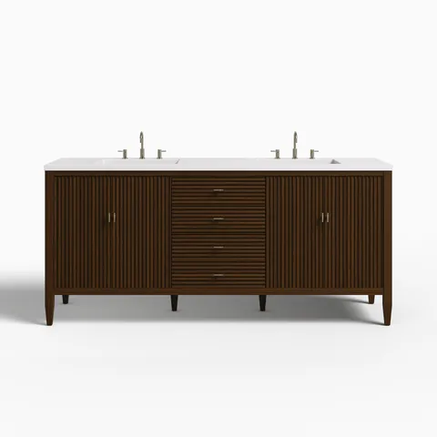 Sasha 72" Double Vanity in Mid Century Walnut with 3 cm White Zeus Quartz Top