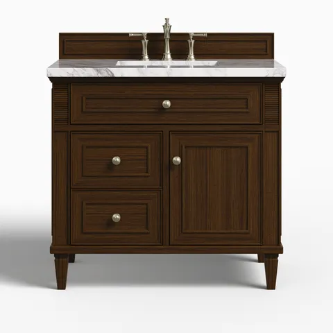 Elodie 36" Single Vanity in Mid-Century Walnut with 3 cm Carrara White Marble Top