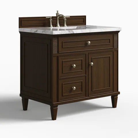 Elodie 36" Single Vanity in Mid-Century Walnut with 3 cm Carrara White Marble Top