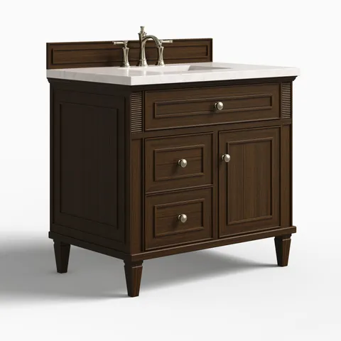 Elodie 36" Single Vanity in Mid-Century Walnut with 3 cm Eternal Jasmine Pearl Quartz Top