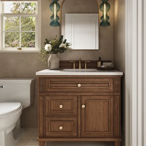 Elodie 36" Single Vanity in Mid-Century Walnut with 3 cm White Zeus Quartz Top